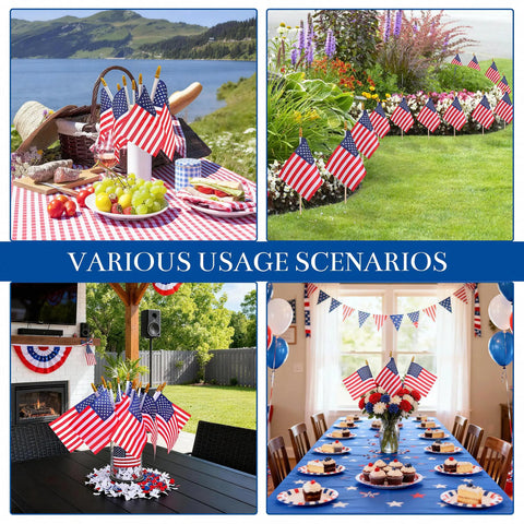 Small American Flags On Sticks For Outdoor Decor 4x6 Inch Mini USA Flags On Wooden Sticks adorning tables and gardens.