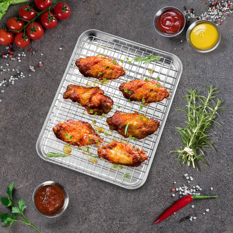 Stainless Steel Toaster Oven Pan With Rack Set Durable 9 Inch Baking Tray And Grid Cooling Rack With Roasted Chicken Wings