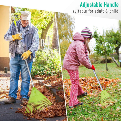 Lightweight Plastic Leaf Rake With 56 Inch Stainless Steel Handle And 22 Tines Plastic Head, child and adult using rake