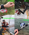 Bowfishing Spincast Reel For Slingshot Bow Left Or Right Handed 3.6 To 1 Gear on various setups like slingshot and crossbow.