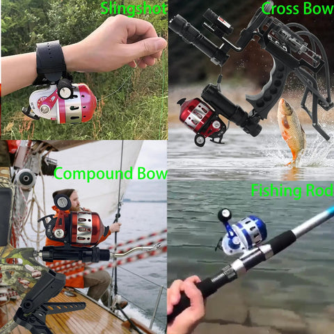 Bowfishing Spincast Reel For Slingshot Bow Left Or Right Handed 3.6 To 1 Gear on various setups like slingshot and crossbow.