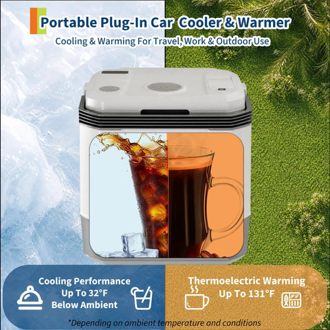 Heavy Duty 35 QT Portable Electric Cooler And Warmer For Cars Trucks And Homes 12V 110V Thermoelectric Fridge Box With Power Cord Gray side view showing cooling and warming capabilities.