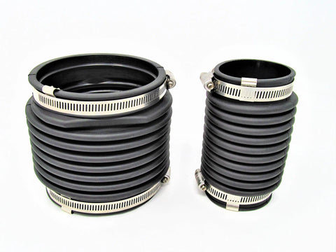 Front view of two black corrugated rubber exhaust bellows with metal hose clamps