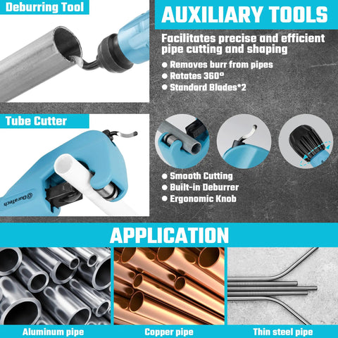 Duratech Heavy Duty Ratcheting Tube Bender Kit With Pipe Cutter And Deburrer showing deburring and tube cutting tools for pipe shaping.