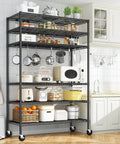 Heavy Duty Six Tier Rolling Storage Shelves With Industrial Swivel Wheels For Garage Organization And Vertical Shelving Setup Hella Tough Metal Rack With Sweet Free Rolling Casters For Kitchen Basement Space filled with kitchen items and appliances.