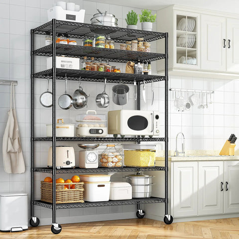 Heavy Duty Six Tier Rolling Storage Shelves With Industrial Swivel Wheels For Garage Organization And Vertical Shelving Setup Hella Tough Metal Rack With Sweet Free Rolling Casters For Kitchen Basement Space filled with kitchen items and appliances.