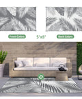 Waterproof Outdoor Rug 5x8 Feet Double-Sided Palm Leaf Pattern Grey And White Plastic Patio Mat for patio with sofa and table