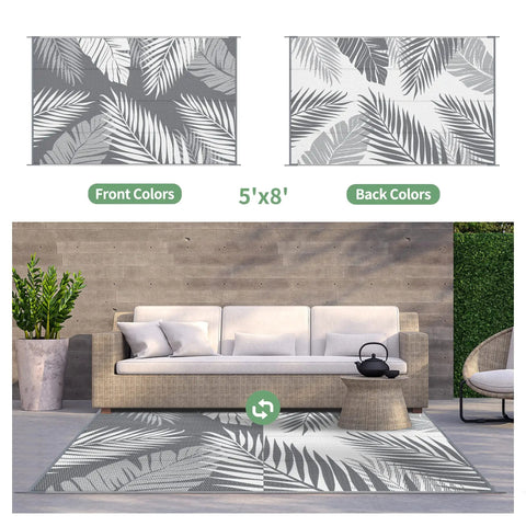 Waterproof Outdoor Rug 5x8 Feet Double-Sided Palm Leaf Pattern Grey And White Plastic Patio Mat for patio with sofa and table