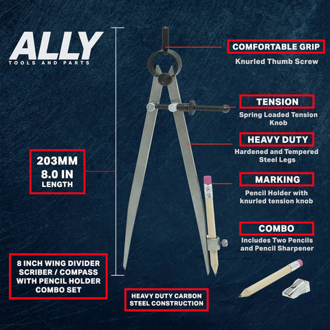 Precision Locking Woodworking Compass Draws Arcs From Two To Sixteen Inches With Quick Adjust Wingnut Includes Building Pencils And Sharpener, heavy duty carbon steel, 8 inch size.