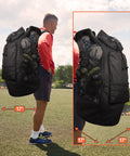 Person carrying Heavy Duty XL Mesh Sports Gear Bag With Adjustable Backpack Straps on a field, fits 13 plus soccer balls.