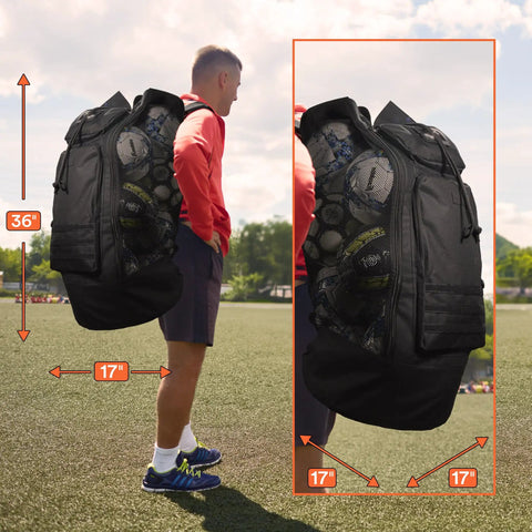 Person carrying Heavy Duty XL Mesh Sports Gear Bag With Adjustable Backpack Straps on a field, fits 13 plus soccer balls.