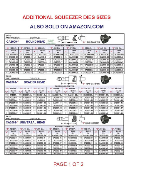 Additional squeezer die sizes chart for Kickass Hand Rivet Squeezer For Solid And Tubular Rivets With 2-Inch Reach.