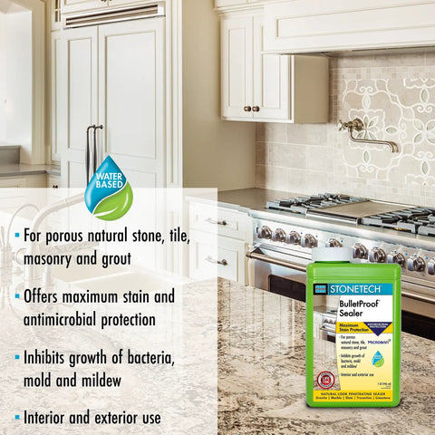 Kitchen counter with Bulletproof Sealer For Stone And Grout Extra Strength Interior Stain Protector Water Based Fluoropolymer Formula.