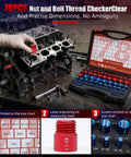 78 Piece Nut And Bolt Thread Checker Set Featuring 41 Sae And 37 Metric Threads No Sweat Pitch Gauge Toolkit for grease monkey mechanics organized with a size chart.
