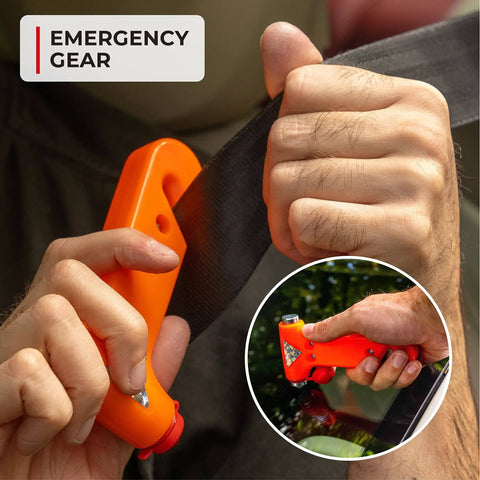Close-up of an orange escape hammer from the 107 Piece Car Emergency Kit For Vehicles With Jumper Cables Mini First Aid Kit.