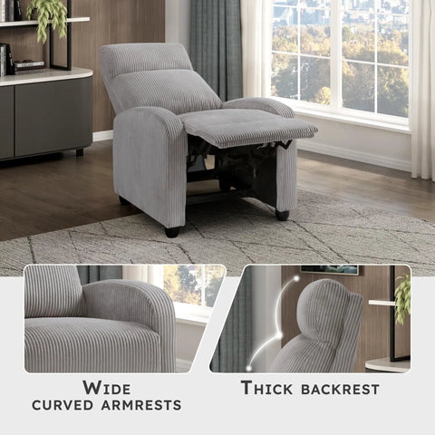 Cozy Corduroy Pushback Recliner Chair With Solid Wood Frame And Metal Base in light grey, open position, showing thick backrest.