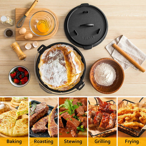 10 Qt Camping Dutch Oven With Lid For Oven Stove Grill Or Campfire Pre Seasoned Cast Iron Pot baking bread on wooden table