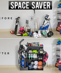 Before and after of Premium Wooden Gear Organizer With Storage Hooks And Golf Bag Rack, Multi Sport Ball Bin For Garage use.