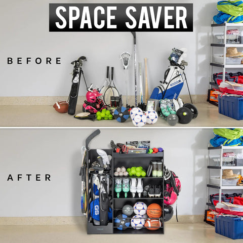 Before and after of Premium Wooden Gear Organizer With Storage Hooks And Golf Bag Rack, Multi Sport Ball Bin For Garage use.