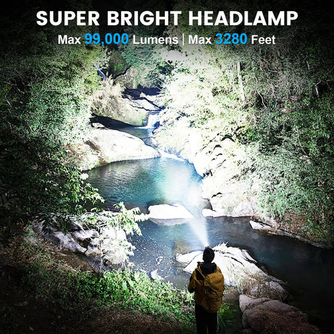 Person using Two Pack Rechargeable Headlamp 99,000LM Ultra Bright With 3 Modes And 90 Degree Adjustable Beam IPX6 Waterproof by river