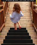 Young girl walking on steps with 6x40 Inch Stair Treads Non Slip Outdoor Tape 10 Pack Black Anti Slip Strips.