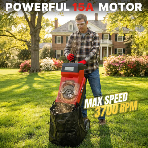 Powerful 15 Amp Electric Wood Chipper Shredder For Easy Yard Cleanup 45L Collection Bag in use on lawn