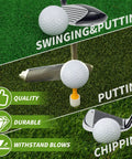 Image of 3 In 1 Golf Hitting Mat For Swing, Putting, And Chipping showing three golf balls on different turf surfaces with clubs.