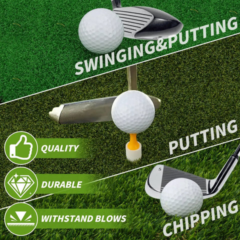 Image of 3 In 1 Golf Hitting Mat For Swing, Putting, And Chipping showing three golf balls on different turf surfaces with clubs.
