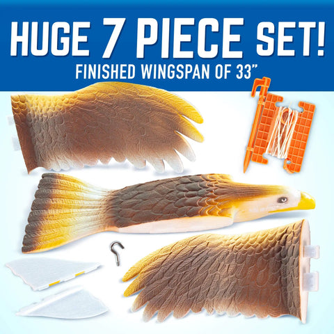 Soaring Hawk Glider Kit With 33 Inch Wingspan showing detailed feather parts and orange launcher in durable foam.