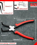 Pro Grade Internal Master Cylinder Snap Ring Pliers Long Reach 90 Degree Bent Nose, dimensions and specifications displayed