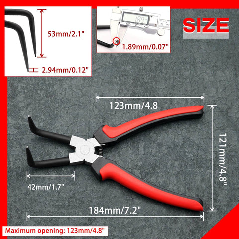 Pro Grade Internal Master Cylinder Snap Ring Pliers Long Reach 90 Degree Bent Nose, dimensions and specifications displayed