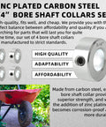 Four Pack Zinc Plated Carbon Steel Shaft Collar Set With Screw Style Bore Three Quarter Inch Bore One And Quarter Inch Outer Diameter And Nine Sixteenth Inch Width For Automotive And Industrial Use Built To Last displayed with specifications and applications.