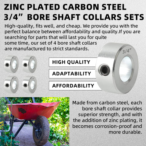 Four Pack Zinc Plated Carbon Steel Shaft Collar Set With Screw Style Bore Three Quarter Inch Bore One And Quarter Inch Outer Diameter And Nine Sixteenth Inch Width For Automotive And Industrial Use Built To Last displayed with specifications and applications.