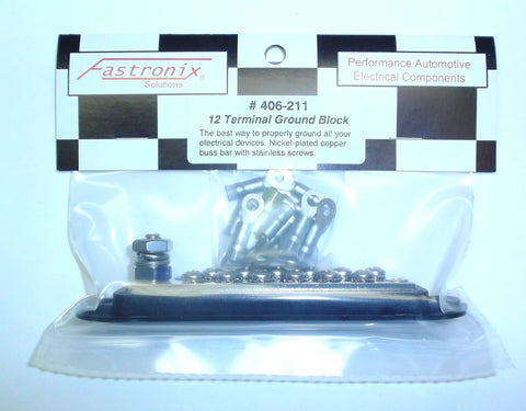Package of 12 Terminal Ground Distribution Block Kit With One Quarter Inch Stud Nickel Plated Bus Bar And Twelve Stainless Steel Terminal Screws Plus Premium Nylon Insulated Ring Terminals.