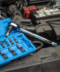 Half Inch Ratchet Wrench With 100 Tooth Reversible Gear on car engine, 3.6 Degree Quick Release Half Inch Drive, Ten Inch Long Handle