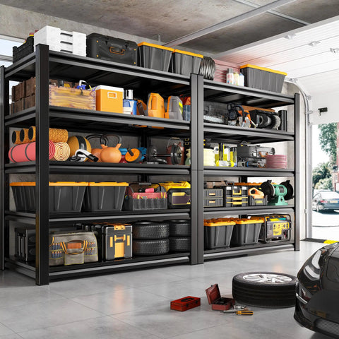 Heavy Duty 5 Tier Garage Shelving Rack With Adjustable Metal Shelves, Steel Storage Organizer For Tools And Parts, 3000 Lb Capacity, No Sag, Easy Assembly, Durable Garage Shelves in black garage storage with bins and tools