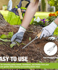 Person using Two Pronged Dandelion Weeder Puller Tool With Wood Handle Stainless Steel Garden Weed Remover For Lawn Farmland And Transplants Easy Root Removal Without Damaging Surrounding Plants Heavy Duty Build on soil.