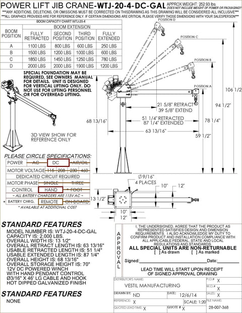 Heavy Duty DC Powered Jib Crane With Hassle Free Cable Winch specifications diagram showing 2000 lb capacity, galvanized steel materials and dimensions.