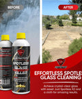 Ultimate Upgraded Paint Glass Water Spot and Stain Removers Plus Protection Coating Bundle for Cars Homes and Boats Three Pack Delivers Game Changing Clean on Chrome Glass Paint and Appliances with Lasting Shine, showing before and after glass cleaning with Spotless X2.