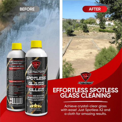Ultimate Upgraded Paint Glass Water Spot and Stain Removers Plus Protection Coating Bundle for Cars Homes and Boats Three Pack Delivers Game Changing Clean on Chrome Glass Paint and Appliances with Lasting Shine, showing before and after glass cleaning with Spotless X2.