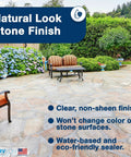 Premium Natural Stone And Patio Sealer For Concrete Slabs And Brick Walls Water Based Clear Repellent Shields Against Rain Stains And Freeze Thaw Damage Full Gallon shown on a natural stone patio with chairs and greenery.