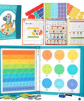 Magnetic Fraction Demonstration Kit For Kids, 51-Piece Set With Fraction Tiles And Circles laid out with book and marker