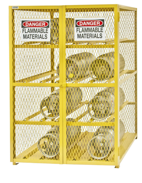Rugged Built Like A Tank Horizontal Gas Cylinder Storage Cabinet With Expanded Metal Ventilation And Safety Yellow Powder Coat For Flammable Materials And 12 Tank Capacity showing gas tanks securely housed.