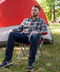 Quad Folding Camp Chair With Cup Holder Red For Adults Built Tough Steel Frame Weatherproof Poly Coated With PE Includes Carry Bag Portable Outdoor Seating