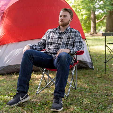 Quad Folding Camp Chair With Cup Holder Red For Adults Built Tough Steel Frame Weatherproof Poly Coated With PE Includes Carry Bag Portable Outdoor Seating