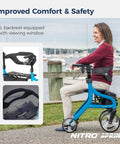 Heavy Duty Tall Rollator Walker With Comfy Seat Straight Up Built Tough Aluminum Frame Supports 350 Pounds No Sweat One Hand Fold Slick Blue Mobility Aid For Tall Grownups with XL backrest and viewing window.