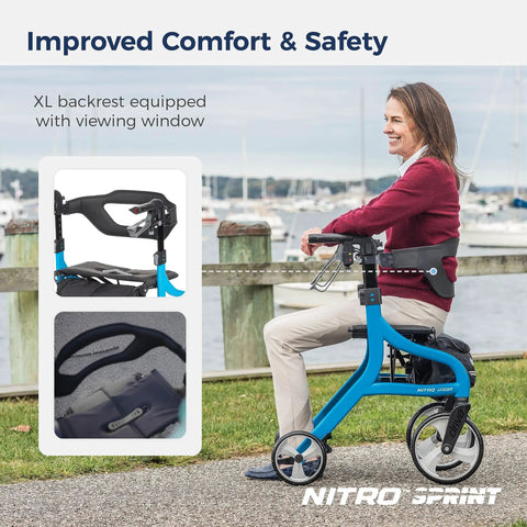Heavy Duty Tall Rollator Walker With Comfy Seat Straight Up Built Tough Aluminum Frame Supports 350 Pounds No Sweat One Hand Fold Slick Blue Mobility Aid For Tall Grownups with XL backrest and viewing window.