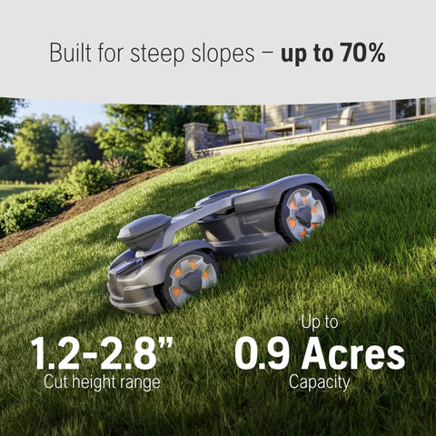 435iQ AWD Automower Robotic Mower for 0.9 Acre Yards cutting grass on a steep slope in a garden setting