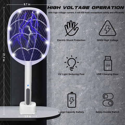2-In-1 Handheld Electric Fly Swatter Zapper With 3000V High Voltage, shown with UV light and charging base on a table.