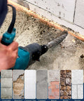 3/8 in SDS Plus rotary hammer drill bit in use on concrete wall; long gray tungsten carbide bit.